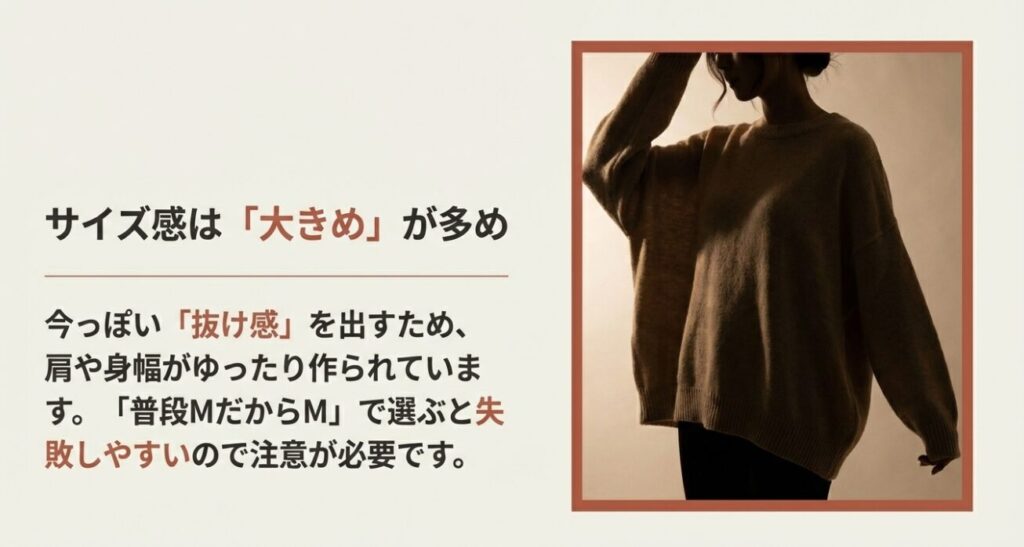 肩や身幅がゆったり作られたニットのシルエットとサイズ選びの注意点
