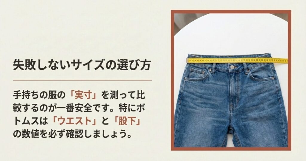 手持ちの服の実寸を測ってウエストや股下を比較することを推奨するスライド