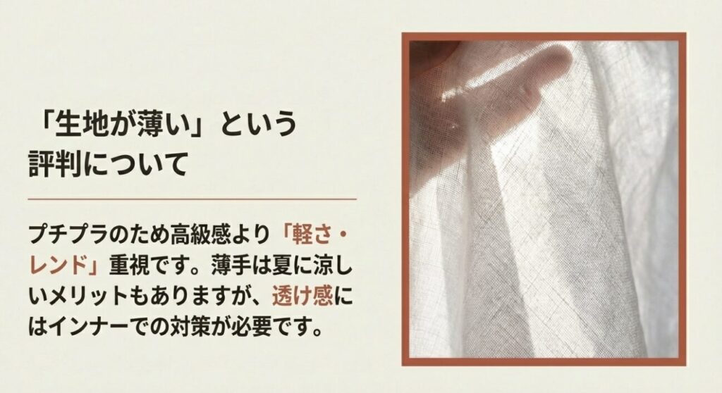 薄手の生地の透け感とインナーでの対策が必要であることを示すスライド