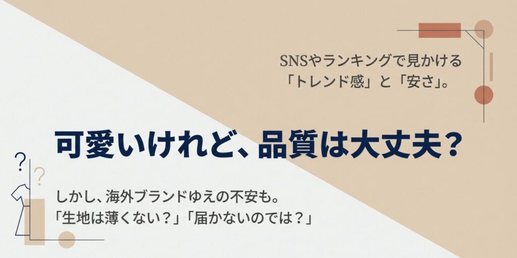 流行の安さに対する品質や配送の不安を確認する導入スライド