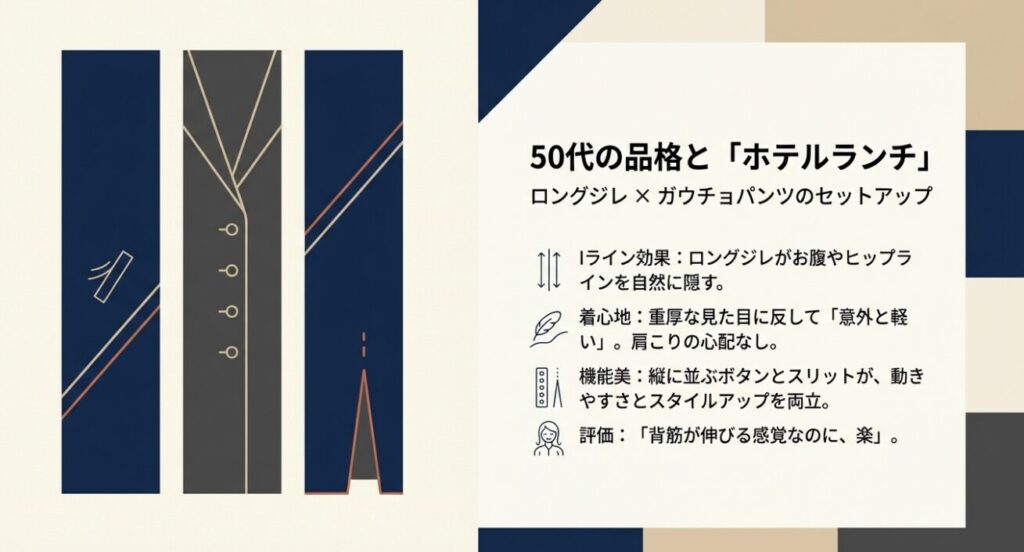 50代に好適なロングジレとガウチョパンツのセットアップ解説