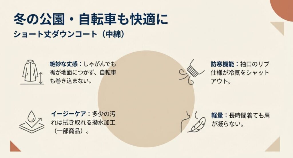 動きやすい丈感と防寒機能を備えたショート丈ダウンの紹介