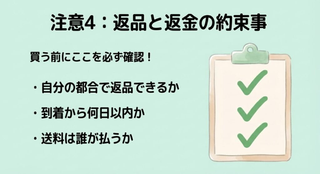 返品条件や送料負担などの約束事をチェックリストで示すイラスト