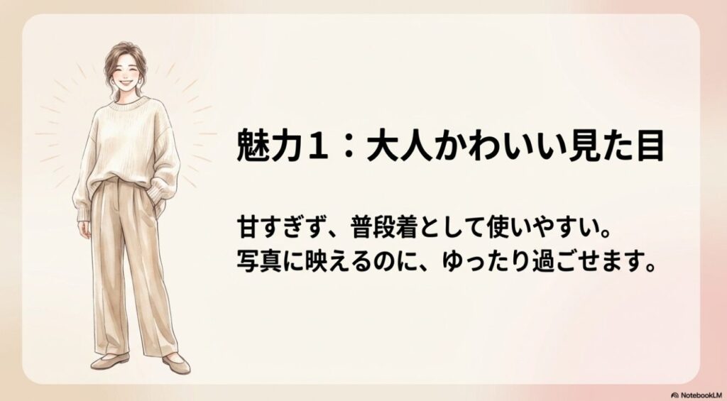 ゆったりとしたニットとパンツを着た笑顔の女性のイラスト