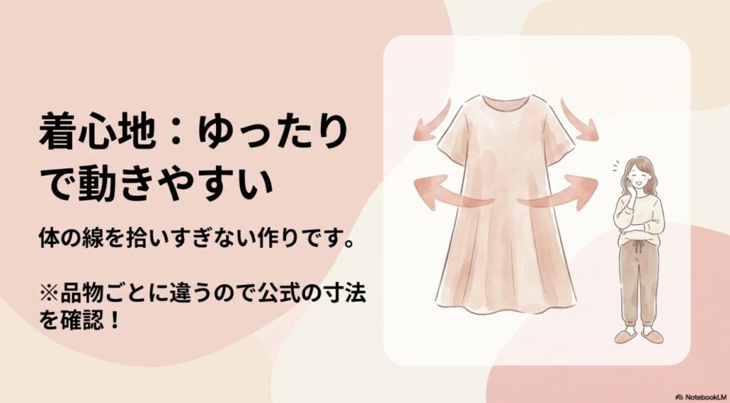 体の線を拾いすぎないゆったりとした着心地を説明する画像