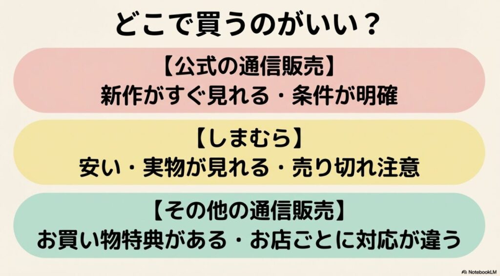 公式通販としまむらなど購入先による特徴の違いを説明する画像
