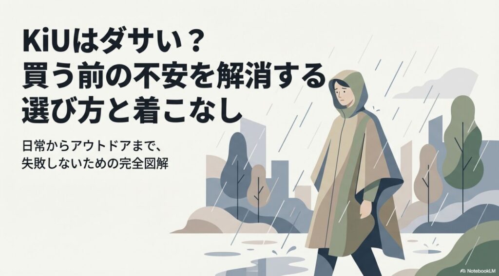 雨の中でポンチョを着た人物のイラストとKiUの解説タイトルのスライド
