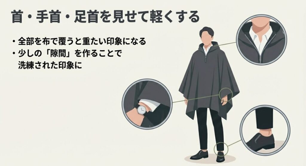 首、手首、足首を見せることで洗練された印象にする解説図
