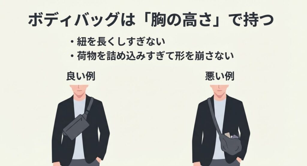 胸の高さで持つ良い例と、紐が長すぎてだらしなく見える悪い例の比較