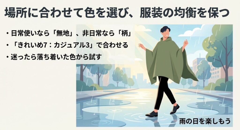 場所に合わせた色選びや着こなしの比率をまとめた最終チェックリスト