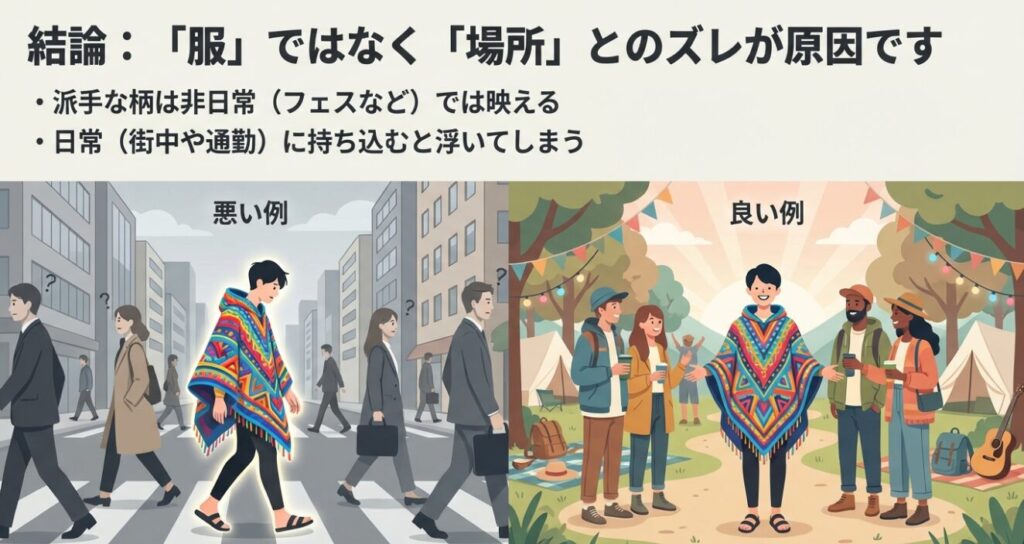 街中での派手なポンチョの悪い例とアウトドアでの良い例を比較した図解