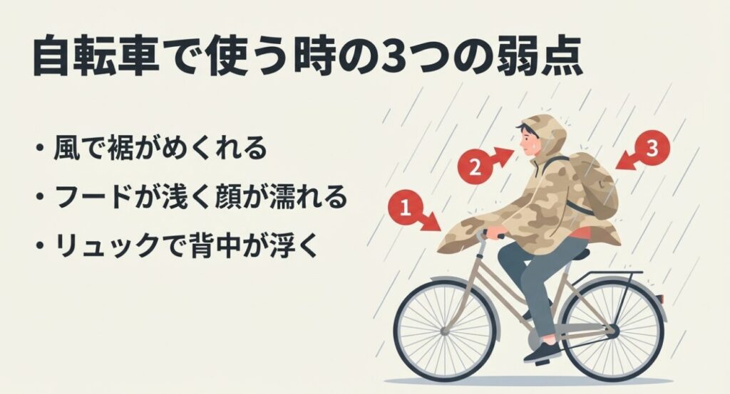 風でのめくれ、フードの浅さ、リュックによる背中の浮きを解説した図解