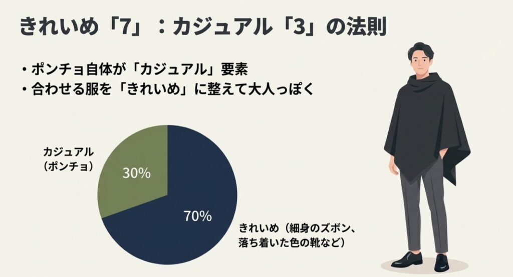 カジュアルなポンチョにきれいめな服を7割合わせる法則の円グラフ