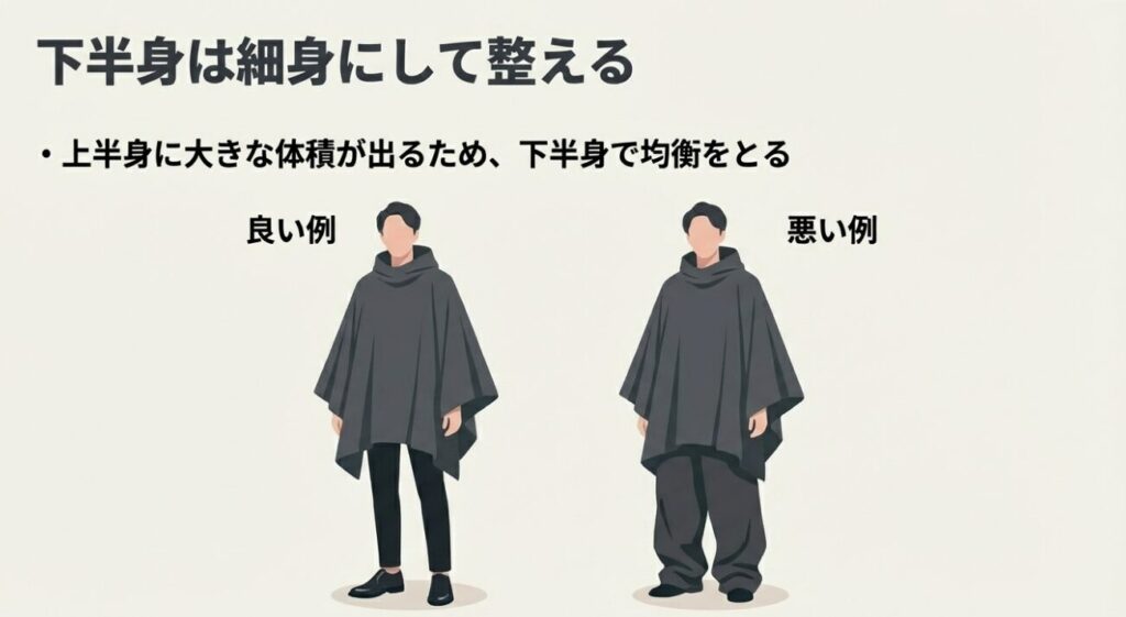 下半身を細身にして整えた良い例と、太いパンツを合わせた悪い例の比較