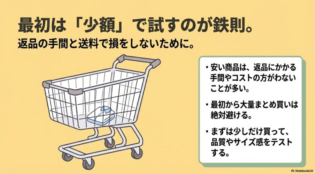 返品の手間や送料で損をしないために最初は少額で品質やサイズ感をテストする買い方のコツ