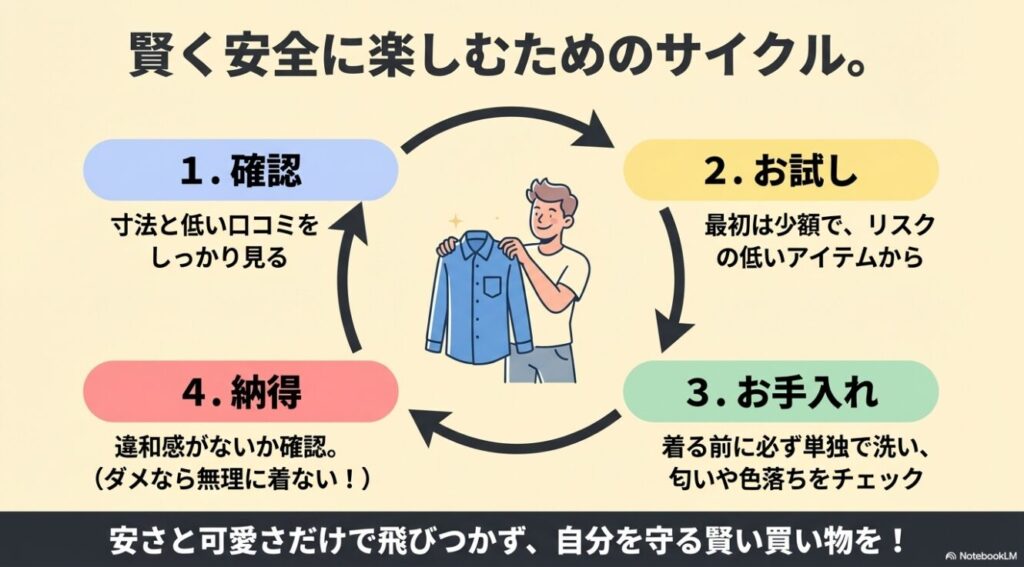 確認からお試しとお手入れを経て納得するまでの安全に楽しむための買い物サイクル