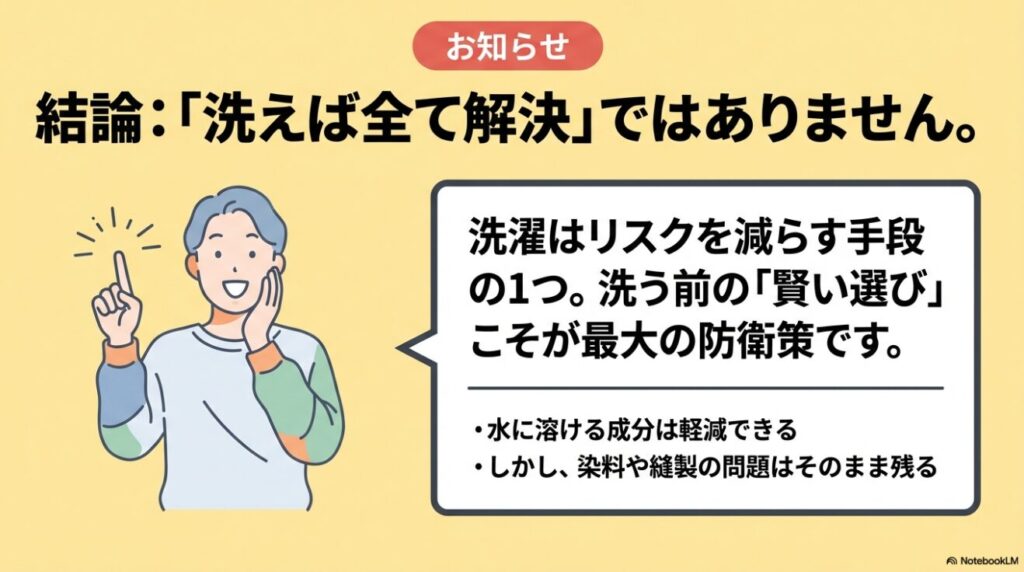 洗濯はリスクを減らす手段の一つであり洗う前の賢い選びが最大の防衛策であるという解説