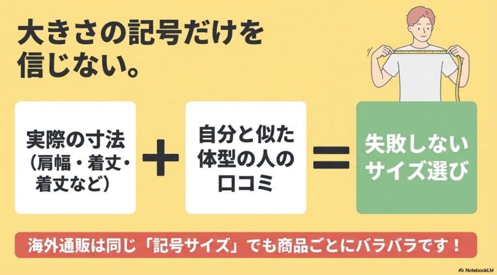 大きさの記号だけを信じず実際の寸法や自分と似た体型の人の口コミを確認するサイズ選びのコツ