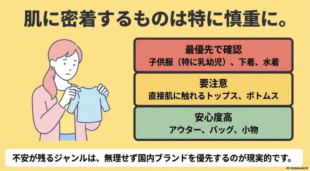 子供服や下着など肌に密着するものは特に慎重に選び不安な場合は国内ブランドを優先するべきという注意喚起