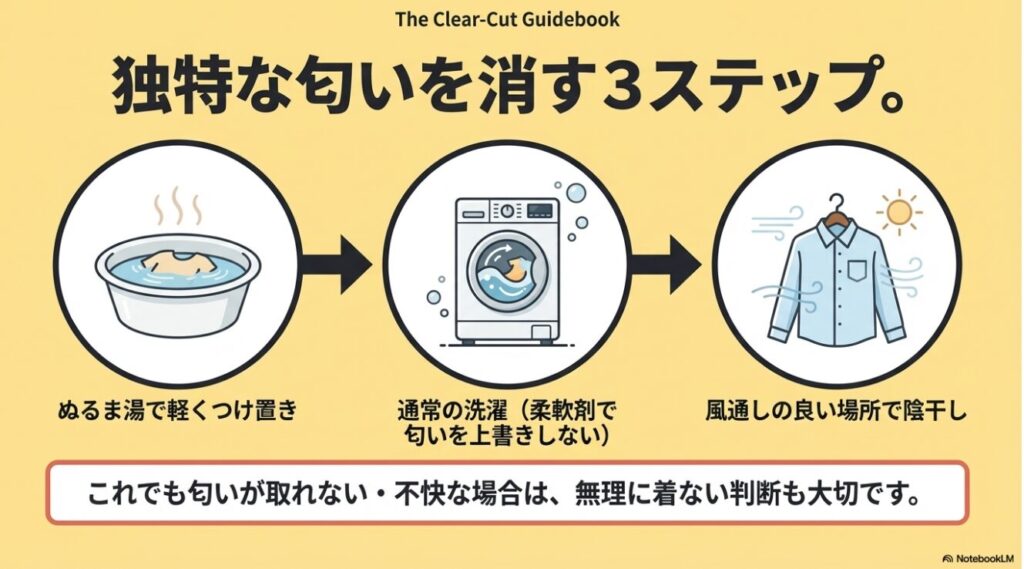 ぬるま湯でのつけ置きと通常の洗濯および陰干しで独特な匂いを消す手順
