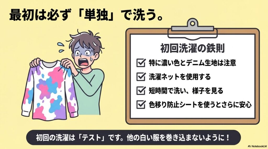 色移りを防ぐために最初は必ず単独で洗い洗濯ネットや色移り防止シートを使用する初回洗濯の鉄則