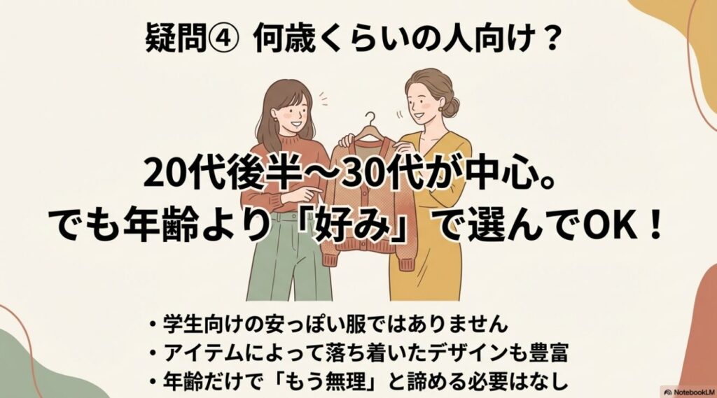 20代後半から30代中心だが年齢より好みで選んで良いことを伝えるスライド