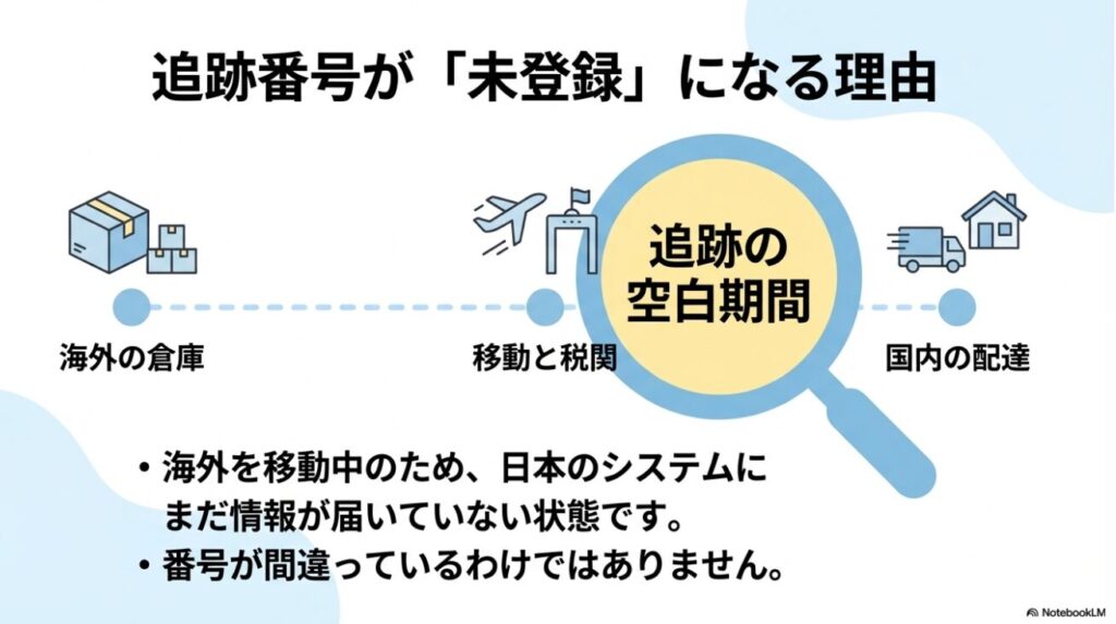 海外を移動中で日本のシステムに情報が届いていないため未登録になるという解説