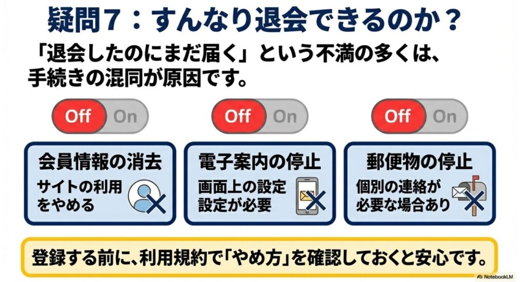 会員情報の消去、電子案内の停止、郵便物の停止はそれぞれ設定が必要なことを示す図