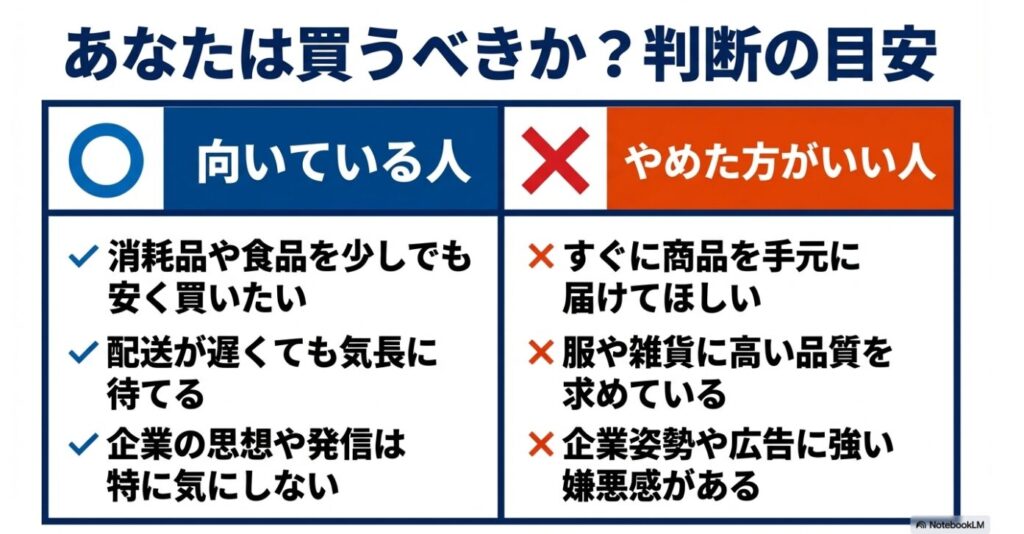 消耗品を安く買いたい人、配送を待てる人など、向いている人とやめた方がいい人の特徴一覧