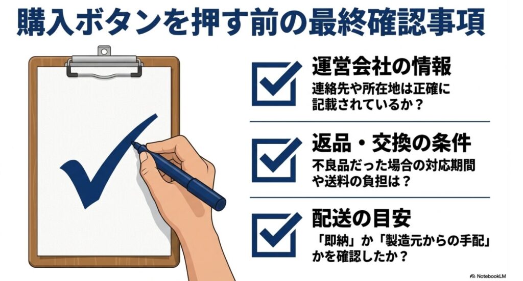 運営会社情報、返品条件、配送目安を確認して納得してから購入することを推奨する図