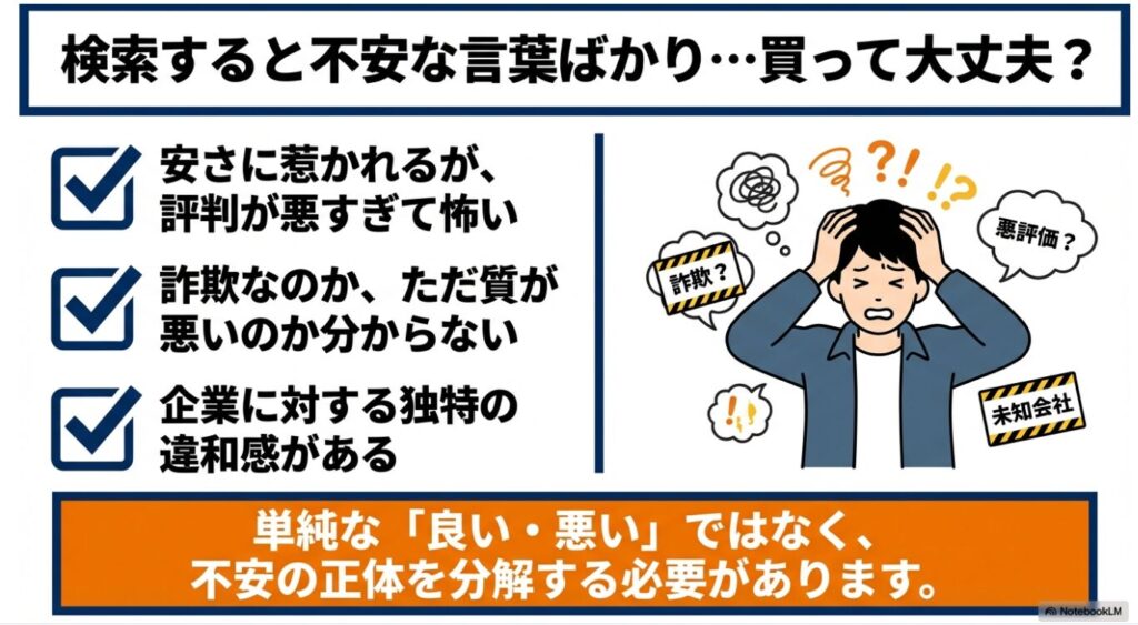 詐欺、悪評価、未知会社など、検索結果に並ぶ不安な言葉に悩む男性のイラスト
