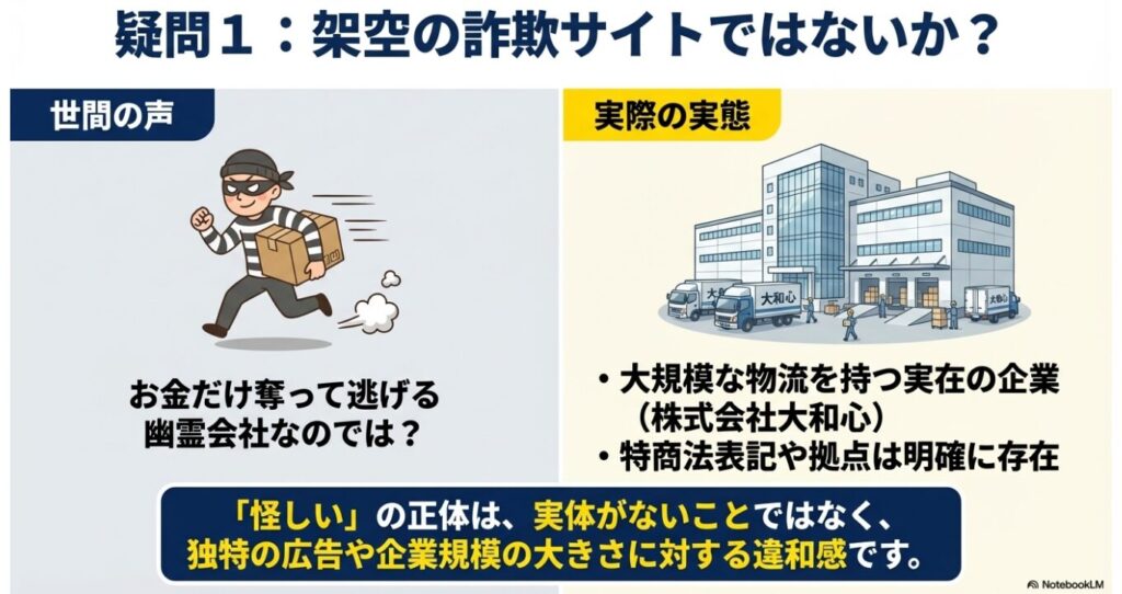 幽霊会社という疑念に対し、大規模な物流拠点を持つ実在の企業であることを示す比較図