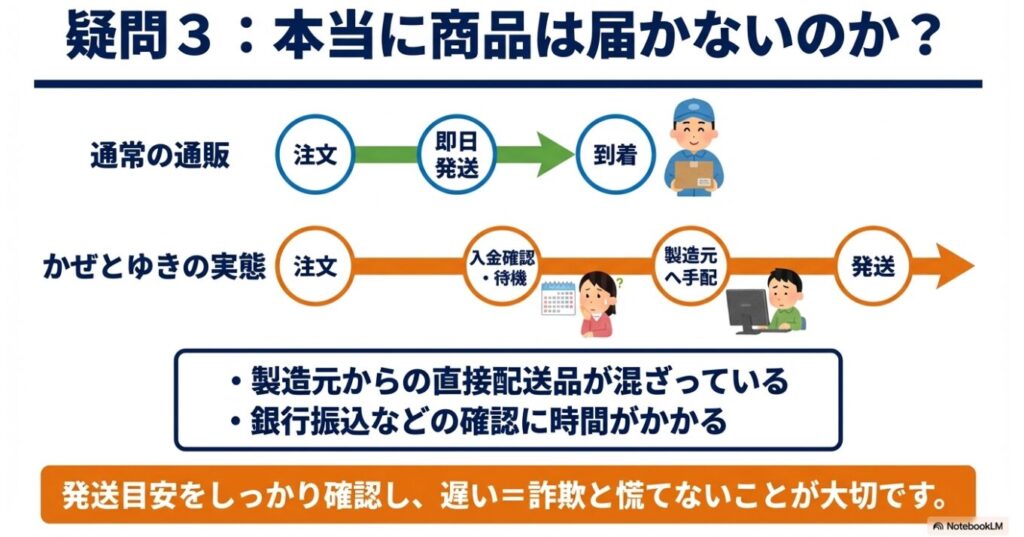 通常の通販と異なり、製造元への手配や入金確認に時間がかかる仕組みを図解