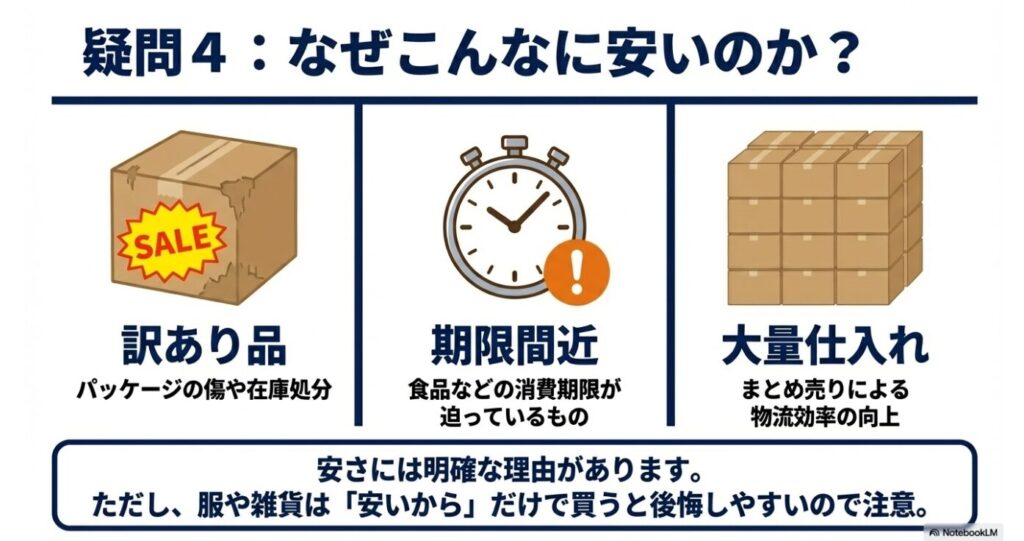 パッケージの傷などの訳あり品、期限間近の食品、大量仕入れによる安さの根拠を説明する図