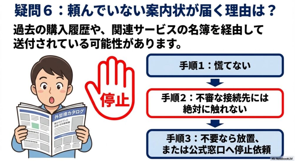慌てずに不審なリンクには触れず、不要なら放置または公式へ停止依頼する手順