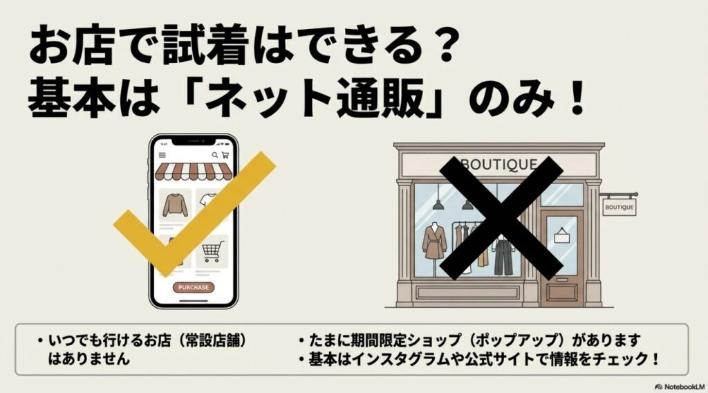常設店舗はなく基本はネット通販のみでポップアップの開催あり