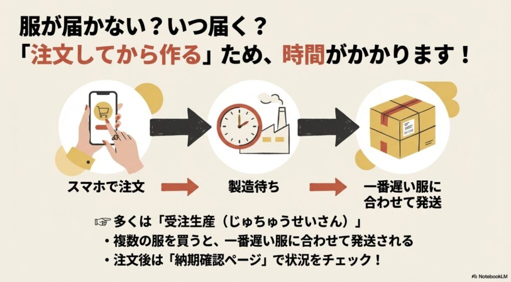 受注生産のため時間がかかり一番遅い服に合わせて発送