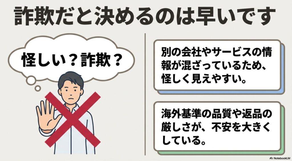 インスタイルが怪しく見える理由は情報の混同や海外基準の品質・返品ルールにあることを示す図解