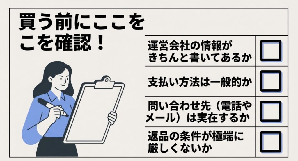 運営会社、支払い方法、問い合わせ先、返品条件を確認するチェックリストを持つ女性のイラスト