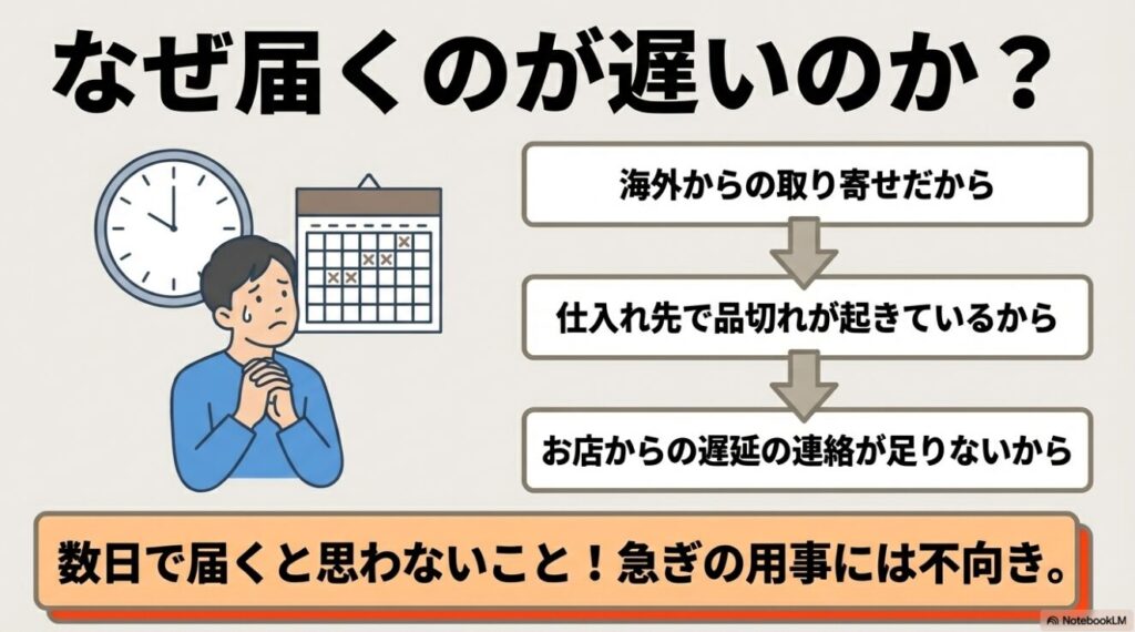 海外取り寄せや在庫切れなど届くのが遅い理由と、急ぎの用事には不向きであることを伝えるスライド