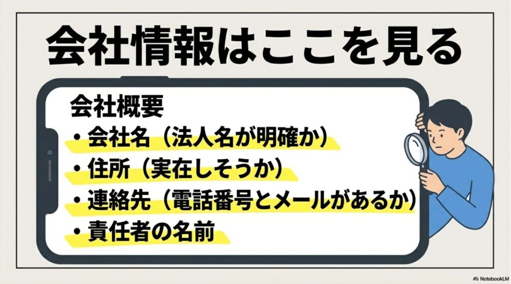 会社名、住所、連絡先、責任者名など、会社概要で確認すべき項目をまとめたスライド