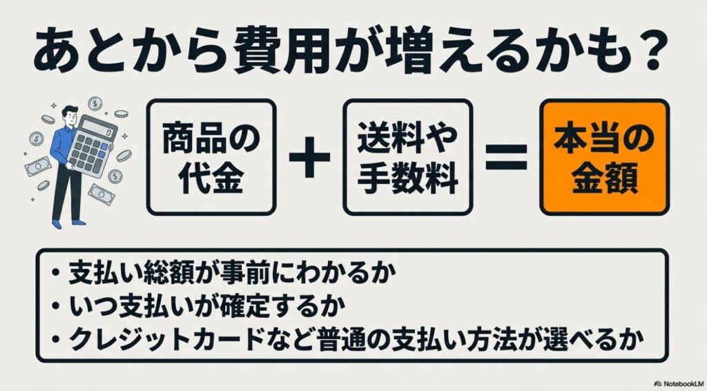 商品代金に送料や手数料を含めた「本当の金額」を確認することを促すイラストスライド