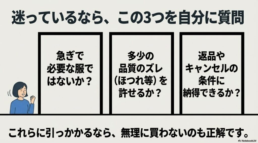 急ぎでないか、品質のズレを許せるか、条件に納得できるかの3点を自分に質問することを促すスライド