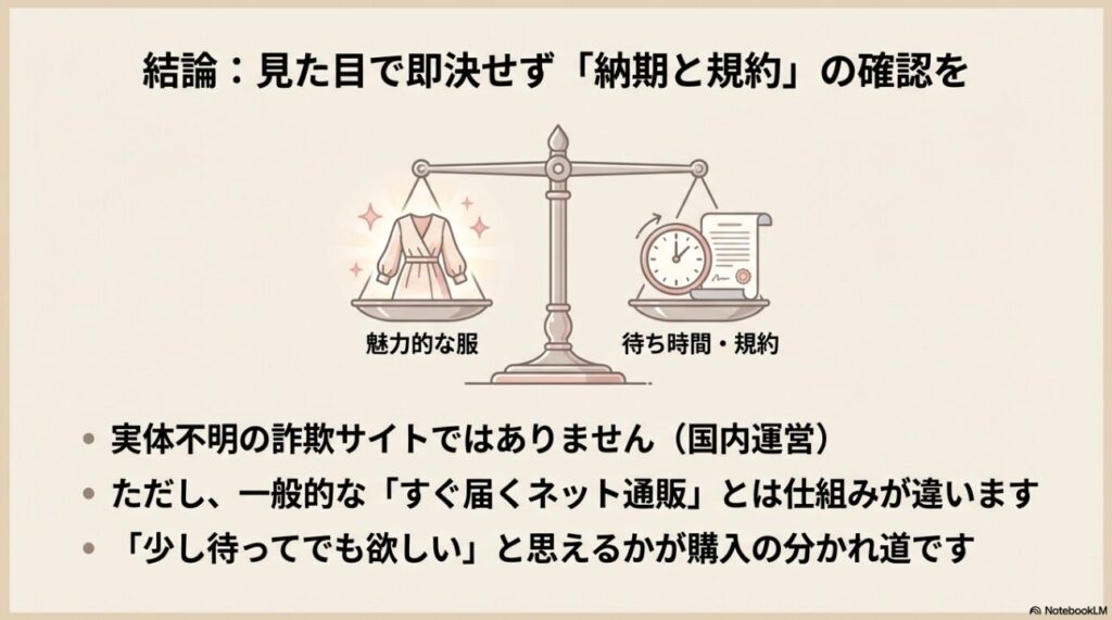 魅力的な服と待ち時間や規約を天秤にかけるイラスト