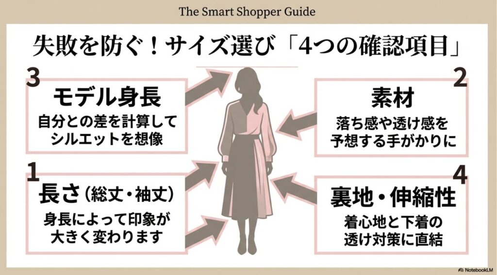 サイズ選びで確認すべき4つのポイントをまとめた図