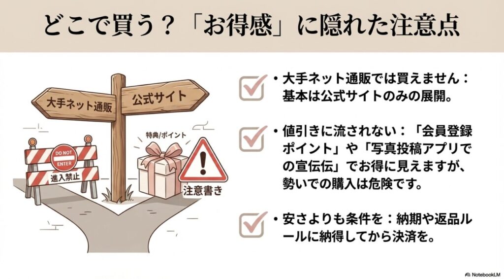 大手通販サイトは進入禁止で公式サイトでの購入を促す図