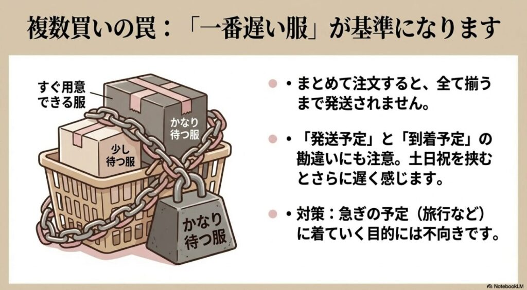 複数注文時は一番遅い服に合わせて発送されることを示すイラスト