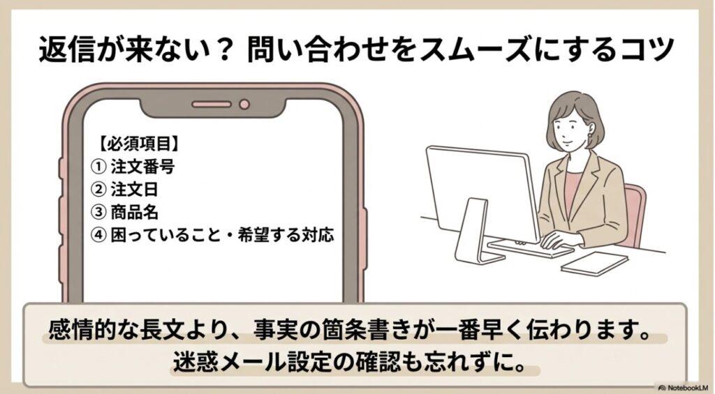 パソコンで問い合わせをする女性と必須項目のリスト