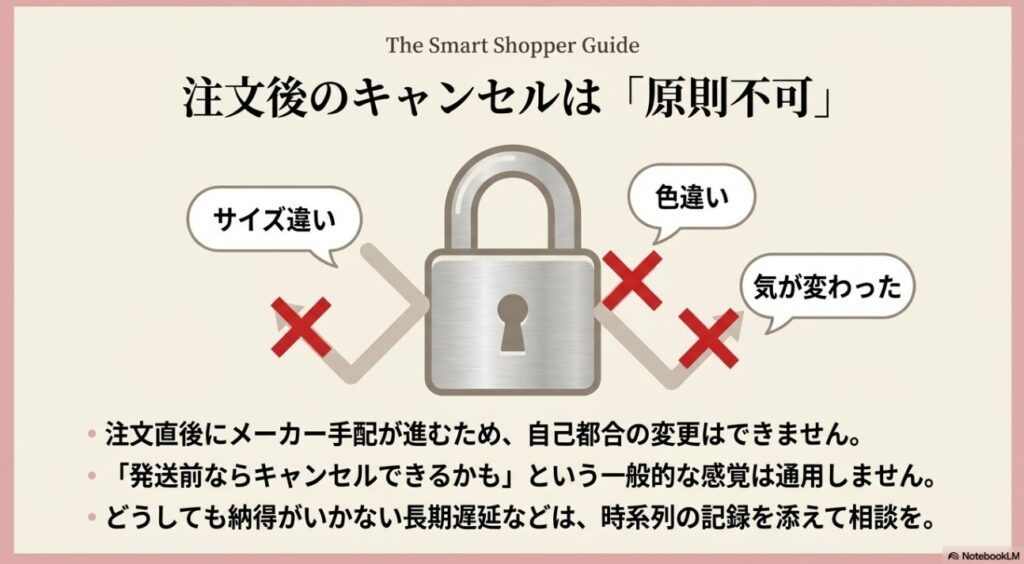 サイズ違いや色違いでのキャンセルはできないことを示す南京錠のイラスト