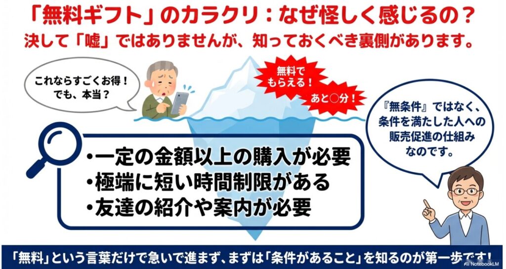 無料ギフトは無条件ではなく一定額の購入や時間制限などの条件がある仕組みの図解